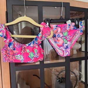 Lilly Pulitzer Mini Kasme Bikini toddler girl ruffle set Upf 50 floral neon